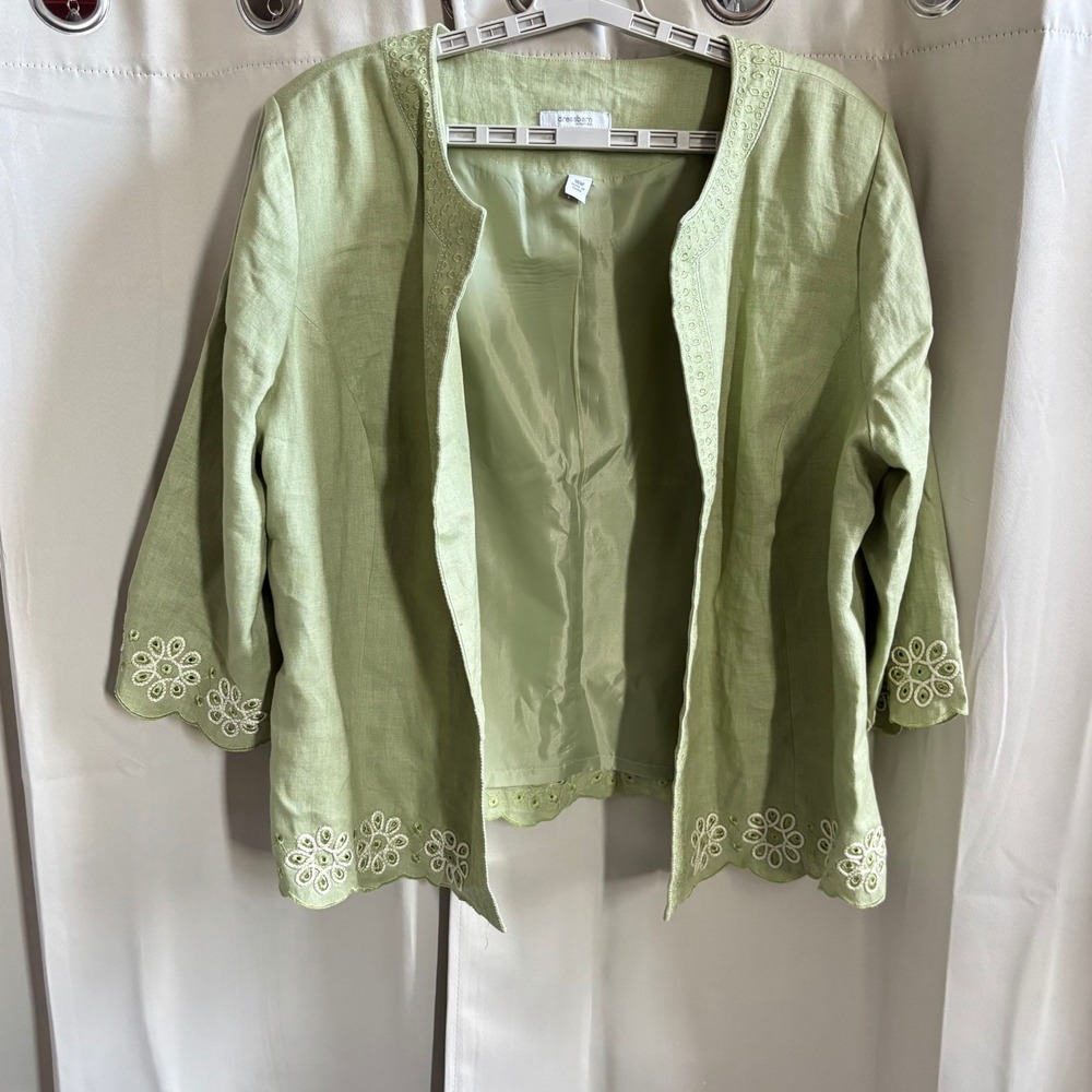 Dress‎ Barn Womens 18W Linen Blend Embroidered Floral Jacket Blazer Green 19476